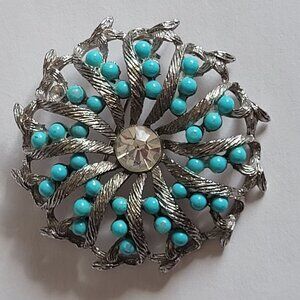 Vintage Silver-Tone Brooch With Turquoise Beads & Rhinestone Center Circular Flo